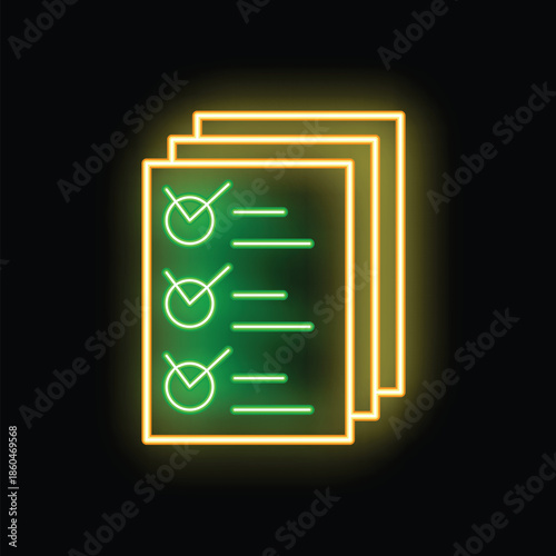 Neon glowing icon of a checklist is showing completed tasks with checkmarks on a dark background