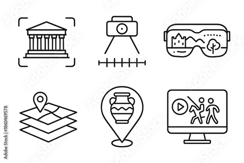 Historical Scene Icons. Line style icons of historical scene overlays: ancient monument scan, timeline projector, AR headset view,