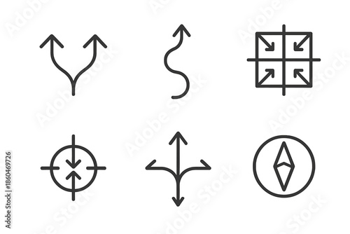 Harmonious Route Icons. Line style icons of harmonious route indicators: symmetrical path arrows, balance curve motif, calm