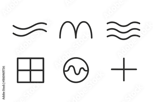 Synchronized Motion Icons. Line style icons of synchronized silent motions: flowing curved lines, mirrored rhythm arcs, subtle