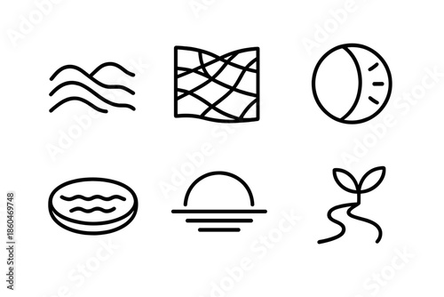 Inner Landscape Icons. Line style icons of inner landscape builders: terrain of emotion lines, balanced topography grid, light and