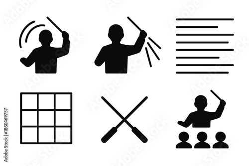Orchestral Conductor Icons. Line style icons of shadow concert directors: conductor silhouette, motion wave arcs, guiding light