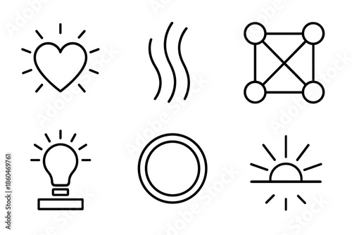 Icons of Optimism. Line style icons of joy foundation planners: radiant heart symbol, upward flow lines, community connection grid