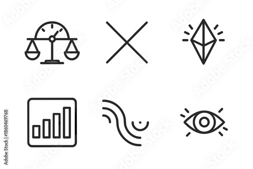 Sharp Harmony Icons. Line style icons of sharp harmony indicators: fine balance gauge, intersecting precision lines, crystal focus