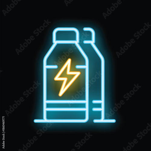 Neon sign of two sport nutrition bottles with lightning bolt logo glowing on black background, concept of active lifestyle, fitness and energy