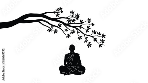 Meditation Silhouette of Monk Sitting Under Tree