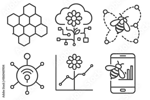 Pollination Network Icons. Line style icons of pollination network systems: connected hive nodes, nectar data cloud, bee route