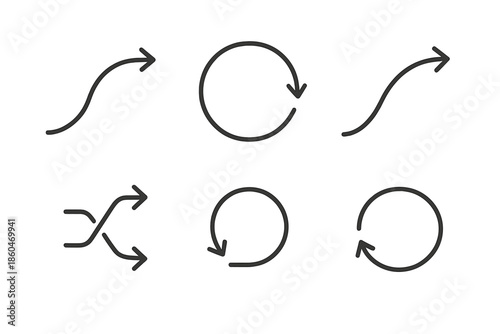 Gentle Redirection Icons. Line style icons of gentle redirection flows: soft curve arrows, fluid navigation ring, transitional