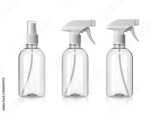 Set of three clear plastic spray bottles with white trigger sprayers, different angles, isolated on white background