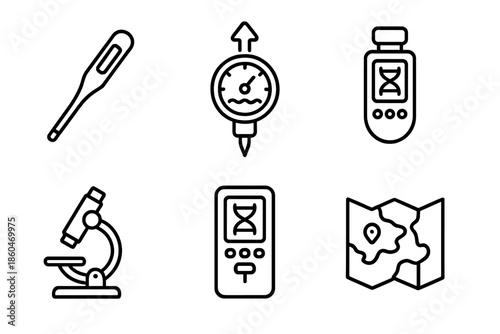 Extremophile Monitoring Tools. Line style icons of extremophile monitoring tools: thermal micro-sensor, pressure-depth probe,