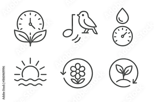 Nature Productivity Icons. Line style icons of waking nature as productivity cues: blooming leaf clock, bird rhythm symbol, dew