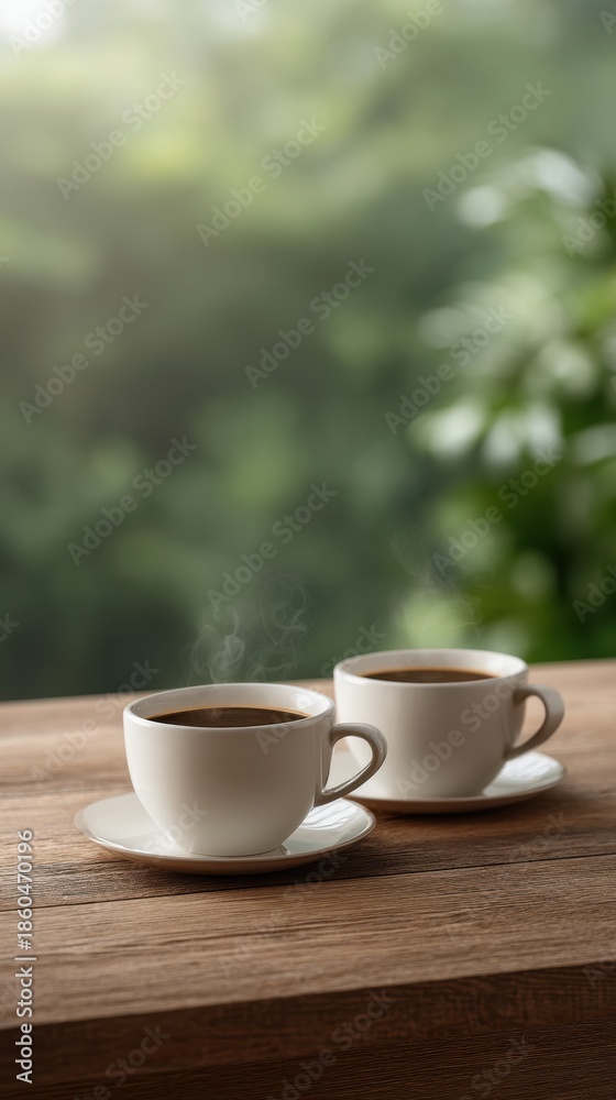 Fototapeta premium Serene Composition of Two Steaming Coffee Cups on Wooden Table Surrounded by Nature