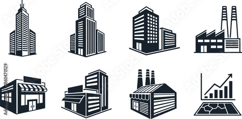 Cityscape icons featuring various buildings and industrial structures
