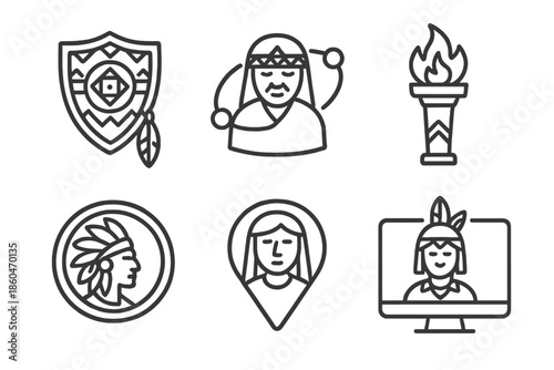 Indigenous Wisdom Icons. Line style icons of indigenous wisdom protectors: symbolic shield emblem, ancestral guidance node,