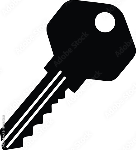 A simple black and white silhouette of a standard metal key