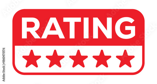 Vibrant red rectangular badge featuring white "RATING" text and five white stars below. Minimalist vector graphic with high contrast. Ideal for product reviews, quality ratings, awards, testimonials. 