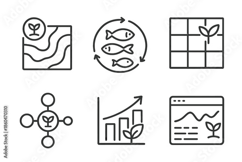 Sustainable Harvest Icons. Line style icons of sustainable harvest planners: crop yield projection map, aquaculture rotation chart