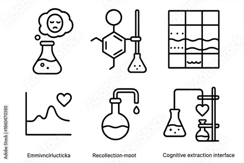 Sentimental Chemistry Icons. Line style icons of sentimental chemistry tools: reflective solution flask, memory compound mixer,