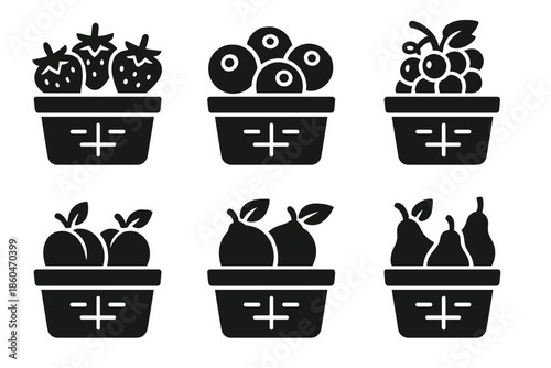 Fruit Basket Icons. Solid style icons of fruits in baskets: strawberries, blueberries, grapes, peaches, lemons, pears No text, No