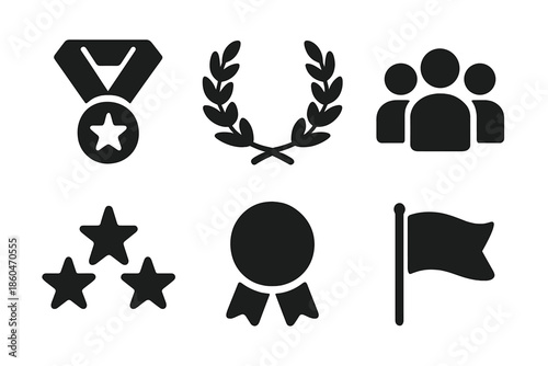 Peaceful Achievement Icons. Solid style icons of peaceful group achievement symbols: medal, laurel wreath, team icon, stars,