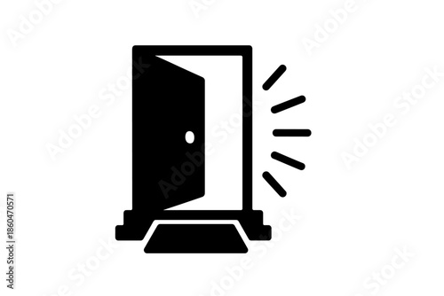 Open Door Welcome. Solid style icons of a welcoming door with light beams: doorway, open door, light rays, welcome mat, handle,