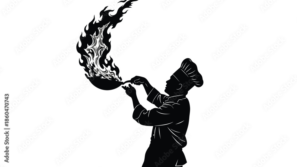 Fototapeta premium Chef cooking with flaming wok silhouette vector