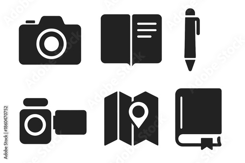 Cultural Documentation Icons. Solid style icons of cultural documentation instruments: camera, notebook, pen, video recorder, map,