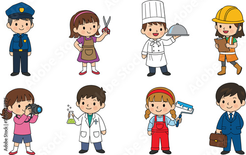 Cute Children Dressed As Different Professions Cartoon Characters Illustration For Career Education And Dream Job Concept