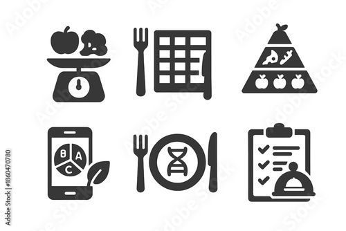 Personalized Diet Icons. Solid style icons of personalized diet systems: portion scales, meal planners, food pyramid, nutrient