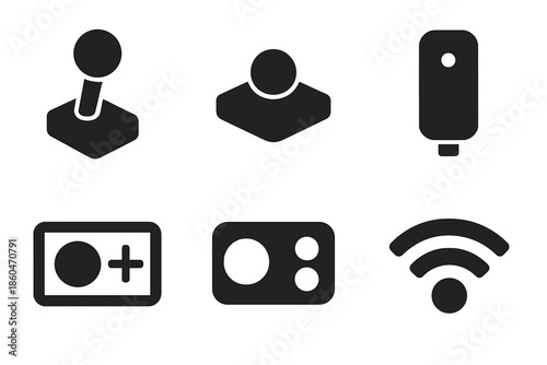 Adaptive Gaming Devices. Solid style icons of adaptive gaming devices: joystick, switch, sensor, screen, buttons, connectivity