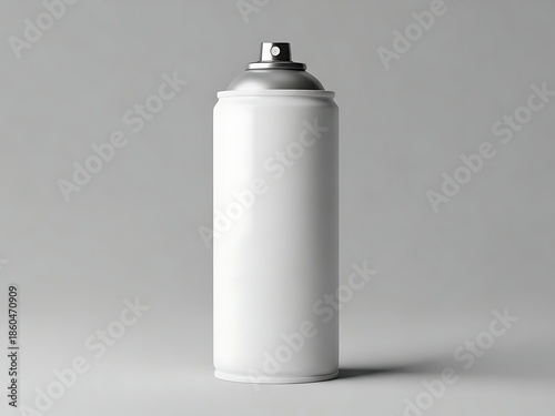 White aerosol spray can with silver cap, mockup for paint or cosmetic product, studio shot against gray background