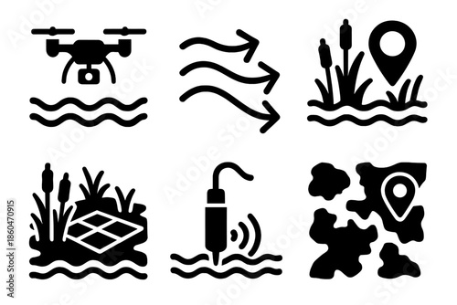 Ecological Monitoring Icons. Solid style icons of marsh and estuary monitoring: flying survey robots, tidal flow lines, vegetation