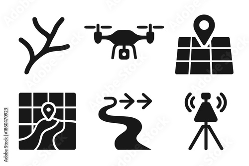 Delta Mapping Icons. Solid style icons of delta pattern mapping UAVs: river branches, aerial drones, mapping grids, sensor markers
