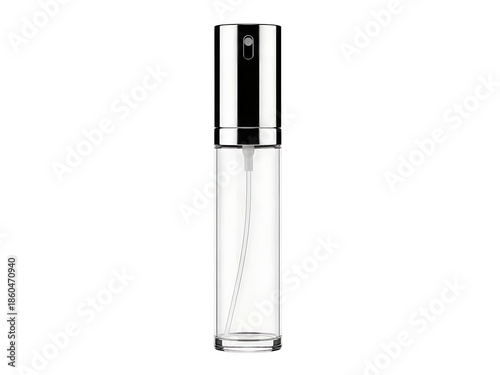Empty clear glass perfume atomizer spray bottle with silver metal cap, isolated on white background