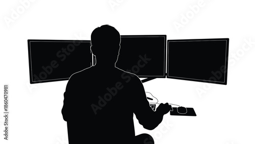 Computer programmer working at three monitors silhouette