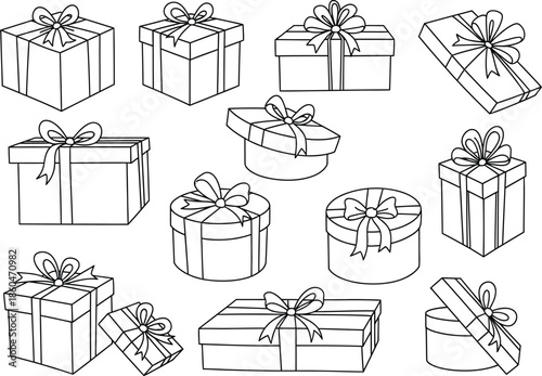 a collection of beautifully drawn gift boxes and presents with decorative bows shown in a simple black and white line art style