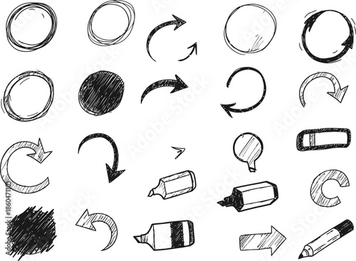 a collection of hand drawn circular shapes arrows writing tools and various sketched elements arranged on a white background high quality