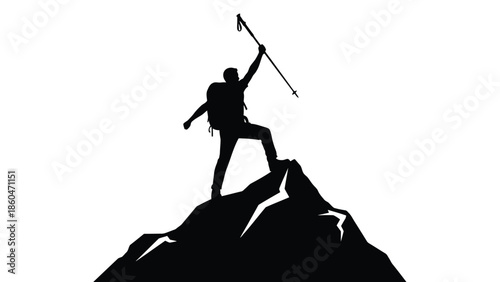 Mountain climber silhouette reaching summit peak with trekking pole