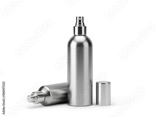 Three realistic 3d rendered aluminum spray bottles, one standing upright, one lying down, and one cap, isolated on white background