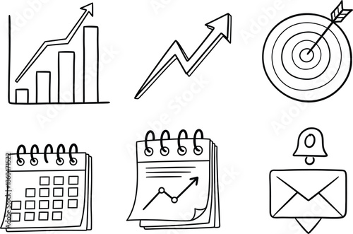 a collection of business and finance related doodle icons including charts targets calendars and notifications high quality professional detailed modern elegant