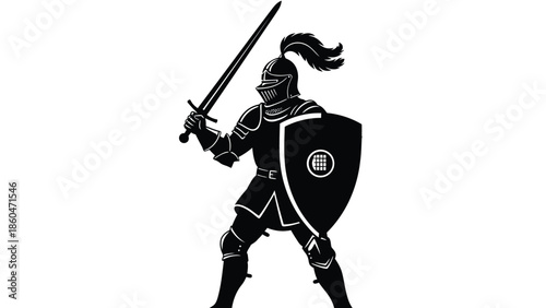 Medieval knight silhouette with sword and shield vector illustration