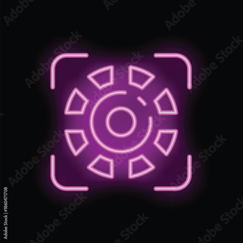 Purple neon icon of a machine learning system processing data, on a black background