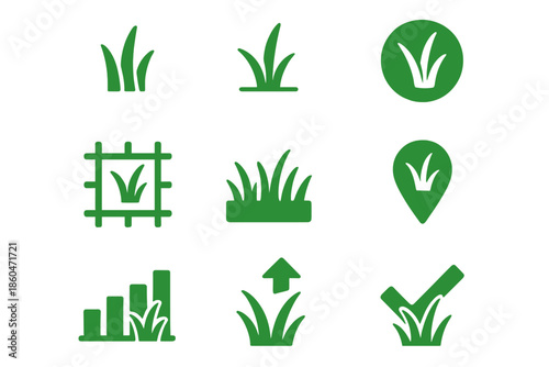 Grass Achievement Icons. Solid style icons of grass-blade achievement markers: individual blades, growth lines, milestone icons,