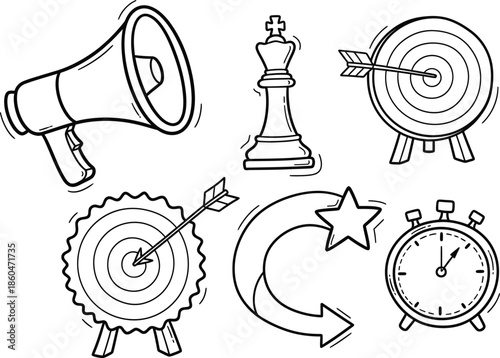 A black and white sketch depicts a megaphone chess piece target with arrow clock and star designs suggesting strategy and communication