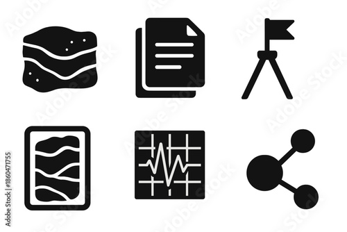 Geological Icon Set. Solid style icons of stone formation documentation: layered rocks, archive sheets, formation markers, pulse
