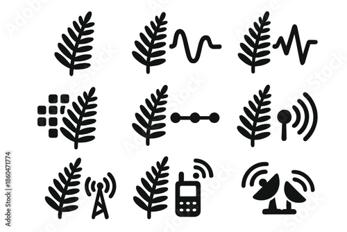 Fern Signal Icons. Solid style icons of fern-based signal processing: frond outlines, wave markers, pulse lines, leaf grids,