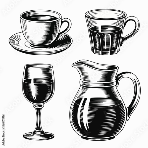 Vintage Hand-Drawn Drinkware Engraving Illustration Set