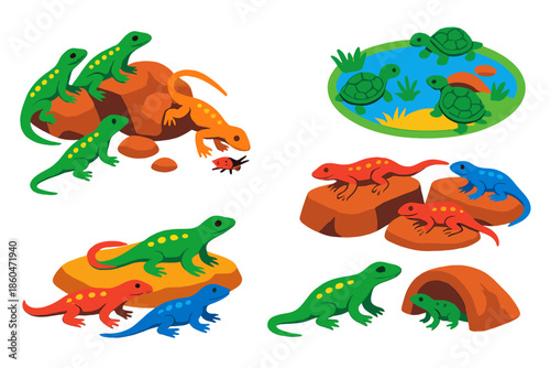 Reptile Social Learning. Isometric vector illustration set Social learning in reptiles: rock-dwelling lizards watching hunting
