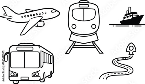 a simple black and white illustration showcasing various modes of transportation including a plane train bus ship rocket and winding road