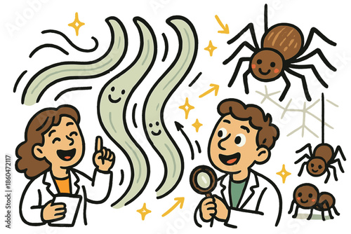 Biomimicry Bliss. Cheerful doodle biomimetic applications scene with happy researchers, cartoon synthetic silk fibers waving,